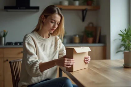 Femme assise à la maison recevant un colis avec attention