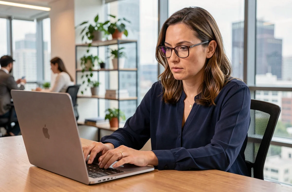 Femme rédigeant un email professionnel sur un ordinateur portable dans un bureau moderne, réfléchissant à la formule de politesse appropriée