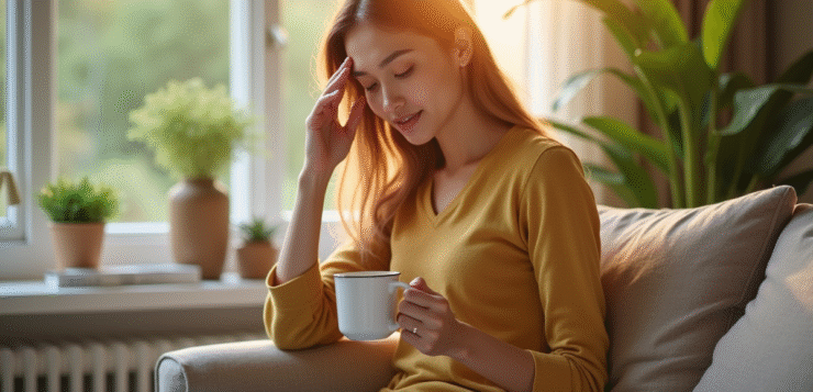 Jeune femme détendue dans un salon lumineux et apaisant