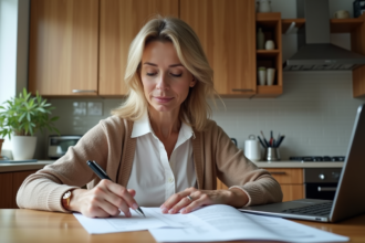 Femme française examine documents de location dans une cuisine lumineuse