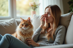 Femme assise sur un canapé lumineux avec un chat à ses côtés