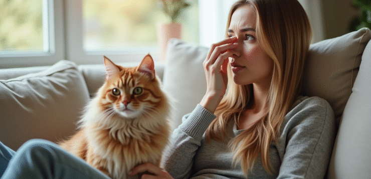 Femme assise sur un canapé lumineux avec un chat à ses côtés