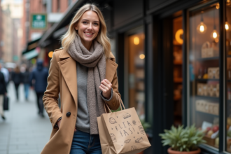 Femme souriante avec sac réutilisable devant boutique locale