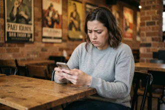 Femme anxieuse regardant son smartphone dans un café, illustrant l'impact émotionnel du cancel culture sur les individus