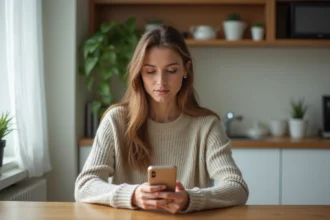 Femme assise à la cuisine utilisant son smartphone