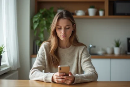 Femme assise à la cuisine utilisant son smartphone