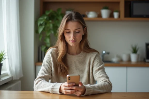 Femme assise à la cuisine utilisant son smartphone