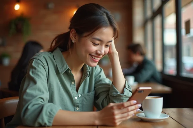 Jeune femme souriante qui envoie des messages avec des emojis sur son smartphone dans un café urbain