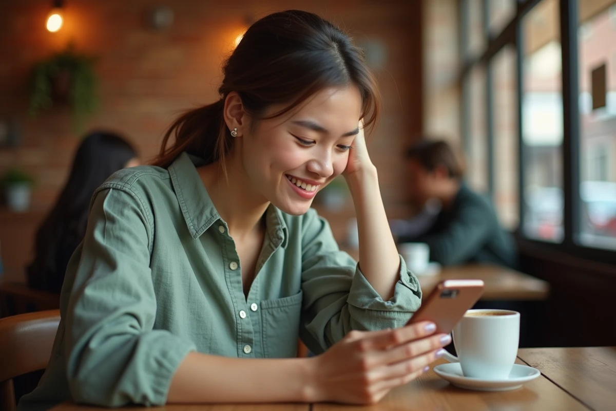 Jeune femme souriante qui envoie des messages avec des emojis sur son smartphone dans un café urbain