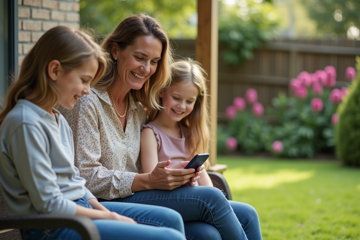 Femme souriante montrant une application famille sur smartphone