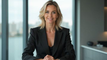 Femme confiante dans un studio moderne pour l'article