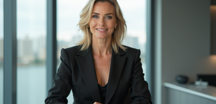 Femme confiante dans un studio moderne pour l'article