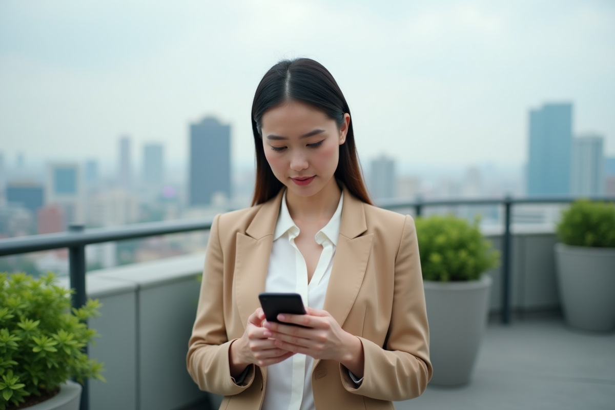Jeune femme d affaires sur une terrasse urbaine en réflexion