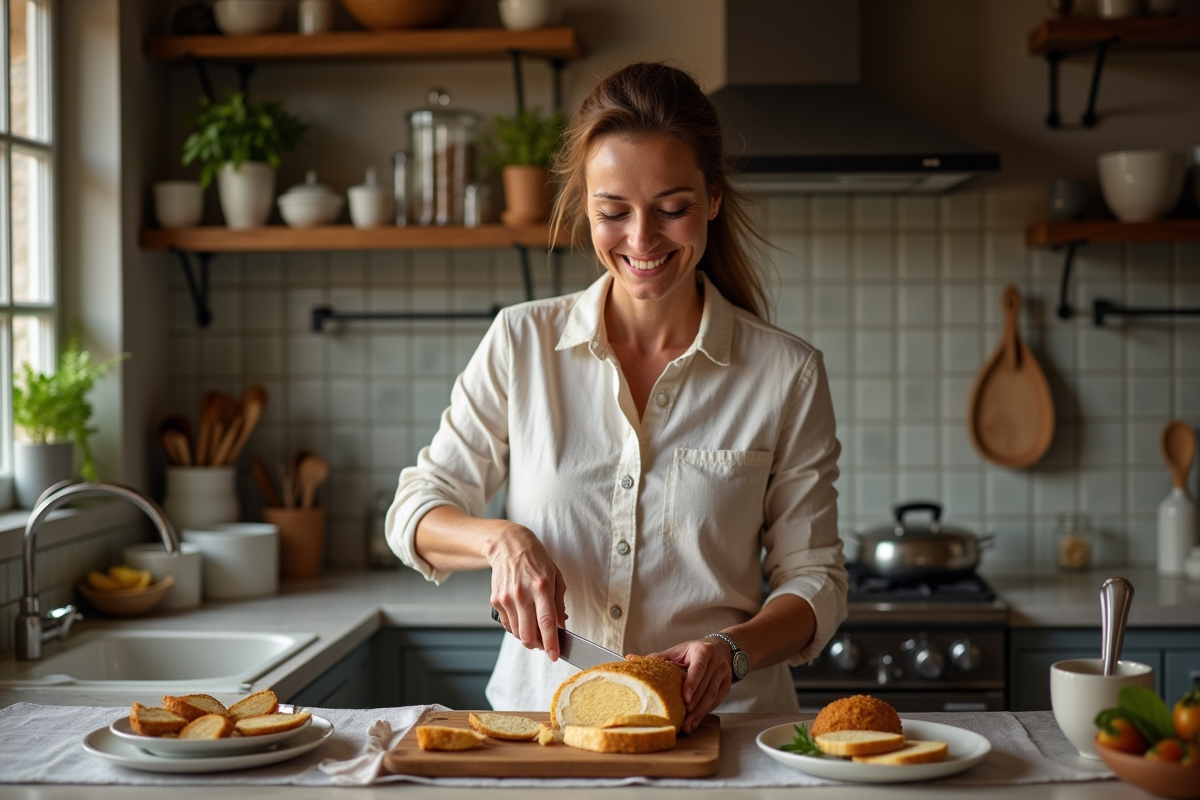 Femme française tranche un foie gras dans une cuisine rustique