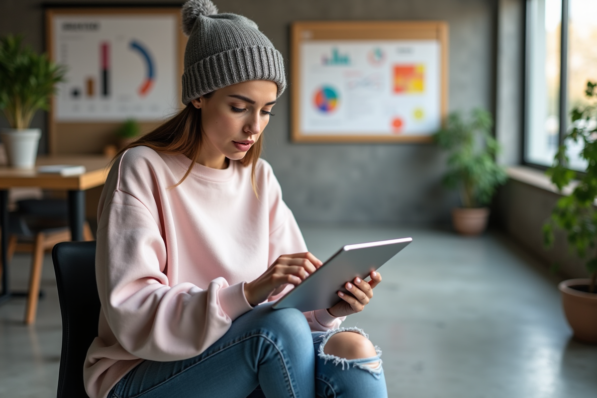Femme d affaires analysant des graphiques sur une tablette