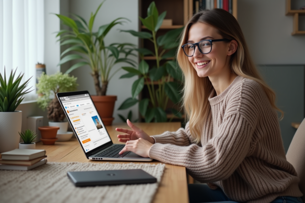 Jeune femme souriante travaillant sur son ordinateur à la maison