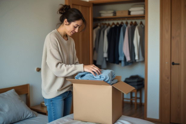 Femme plie des vêtements dans une chambre moderne