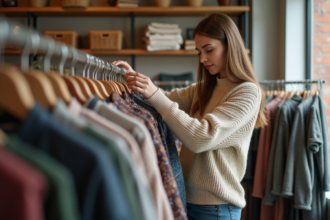 Jeune femme dans une friperie écologique et moderne