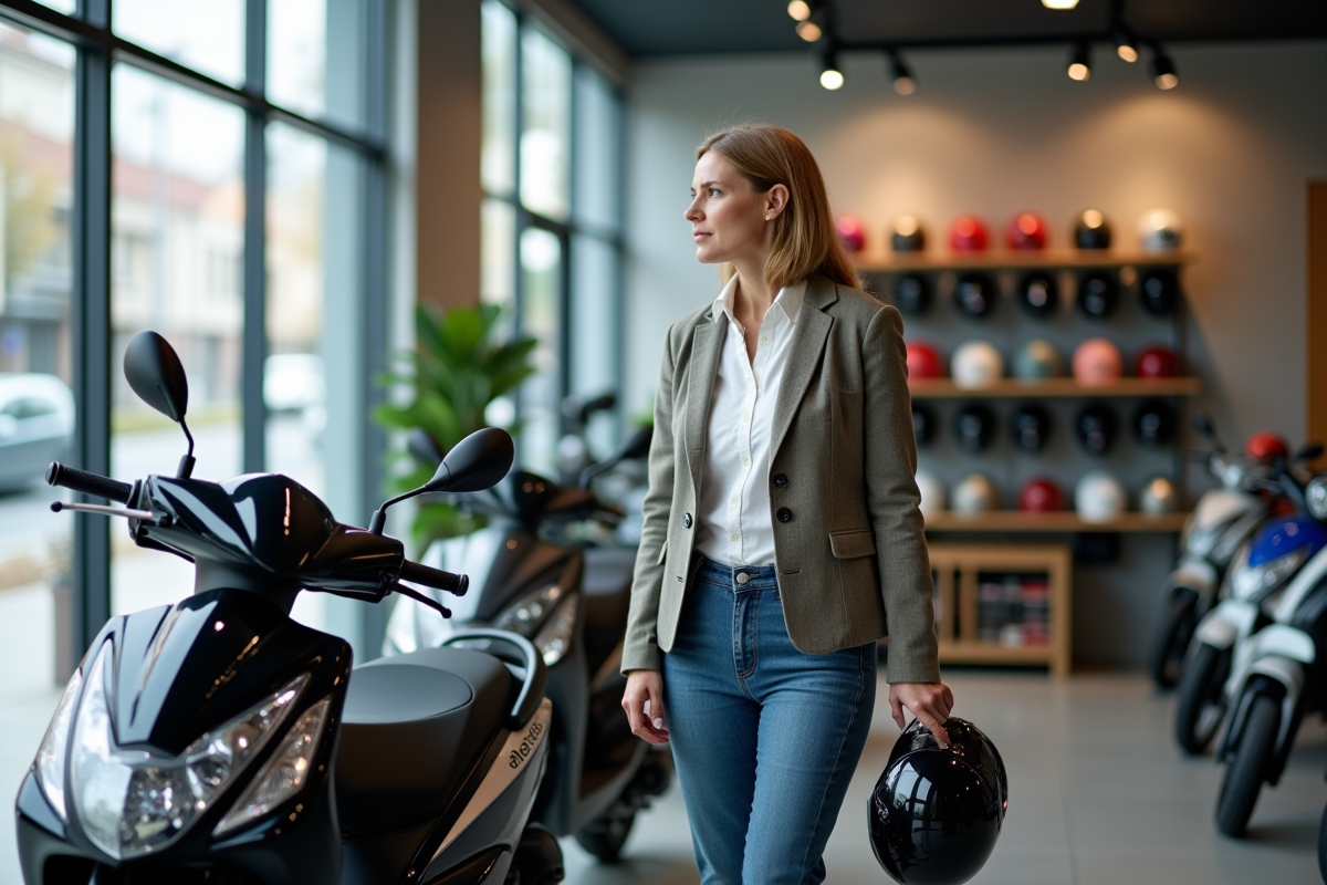 Femme examine une moto Dax 125cc dans un showroom lumineux