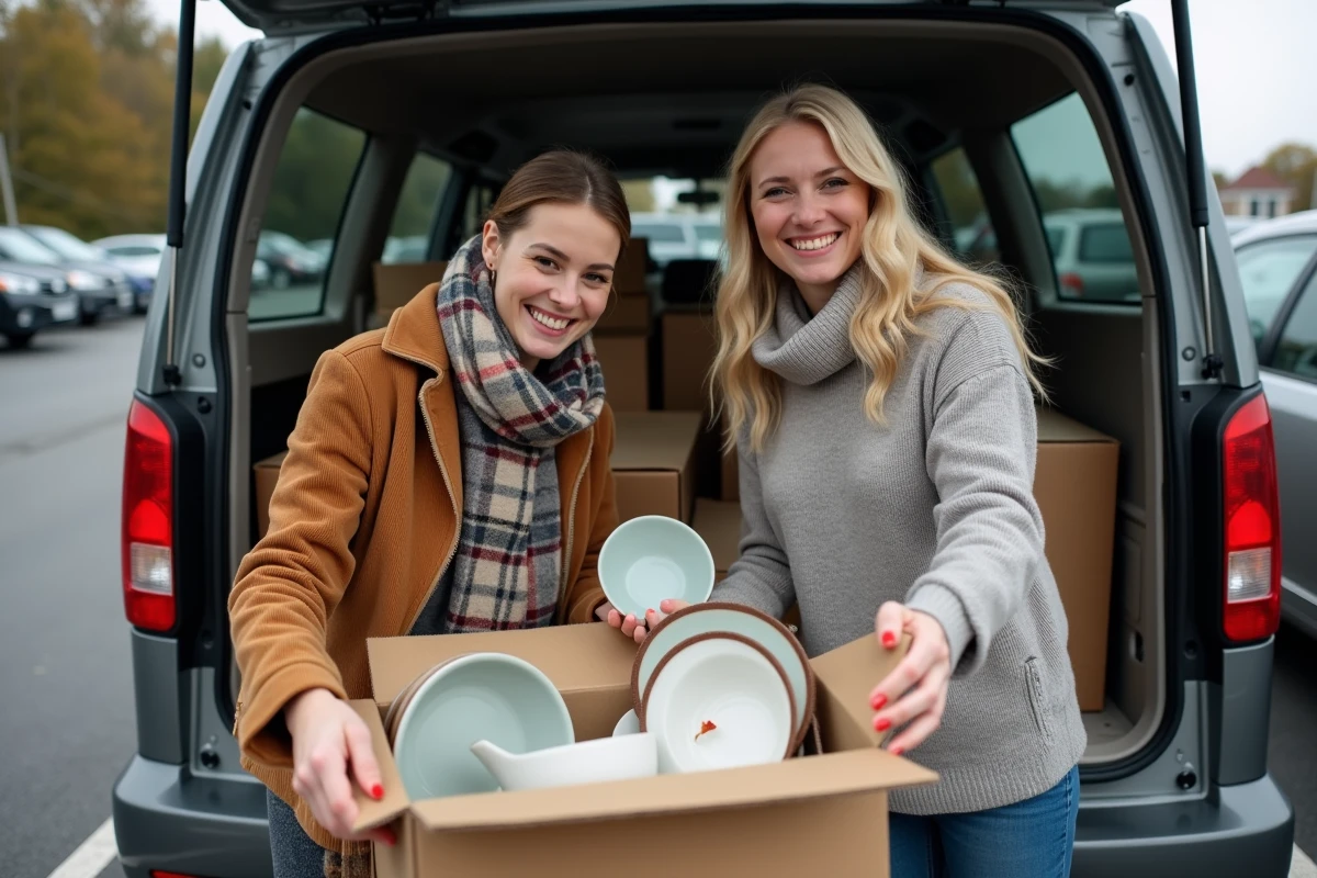 Deux femmes déballant des céramiques dans une voiture