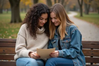 Deux femmes lisant une lettre dans un parc automnal