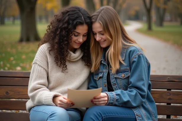 Deux femmes lisant une lettre dans un parc automnal