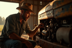 Fermier inspectant un tracteur d'occasion dans une cour ensoleillee