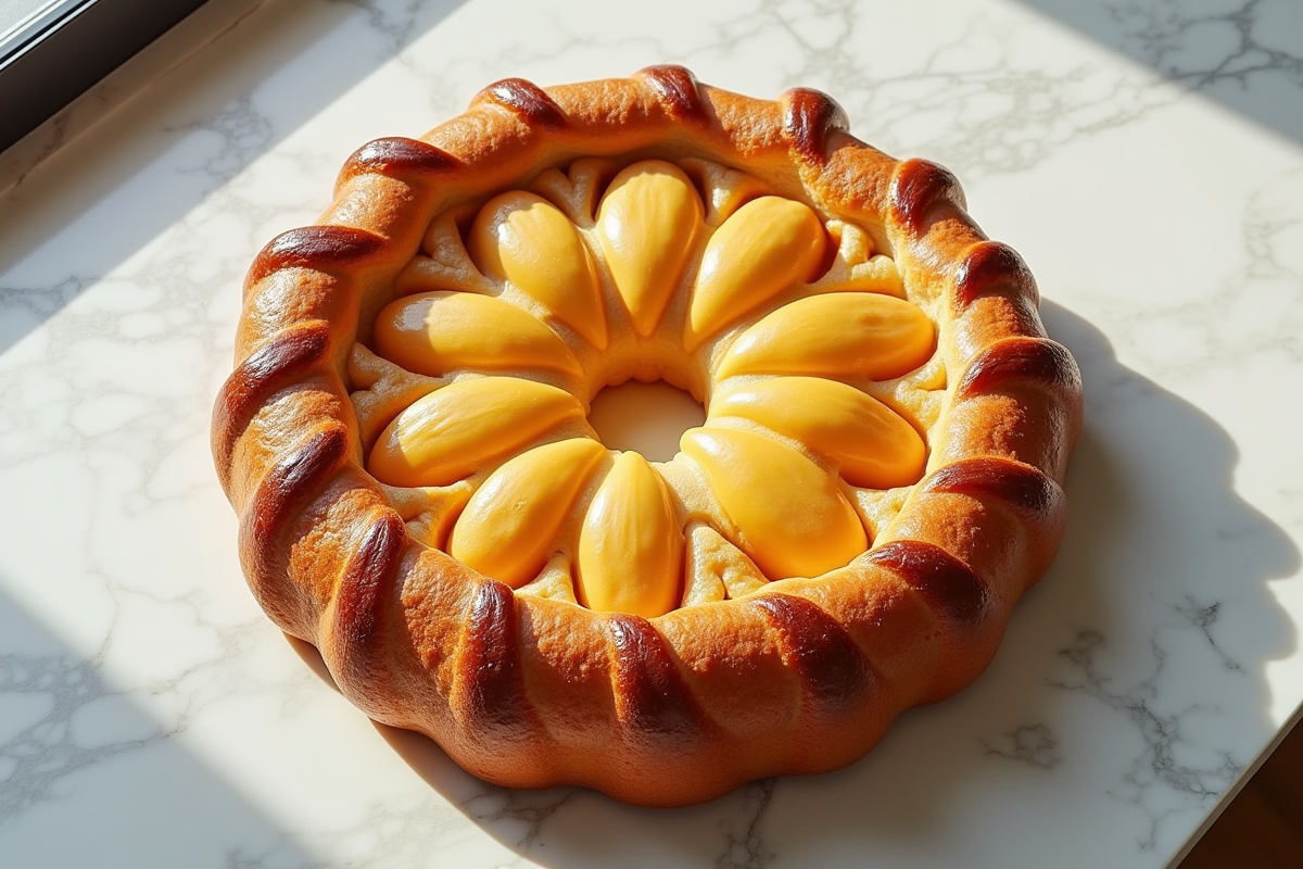 Tranche de galette des rois sur comptoir en marbre