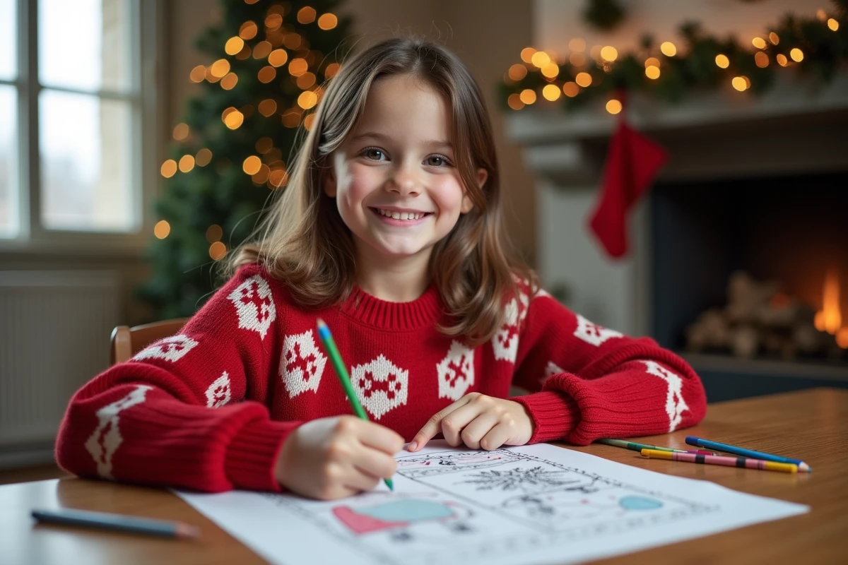 Fille souriante de 7 ans coloriant un dessin de Noël
