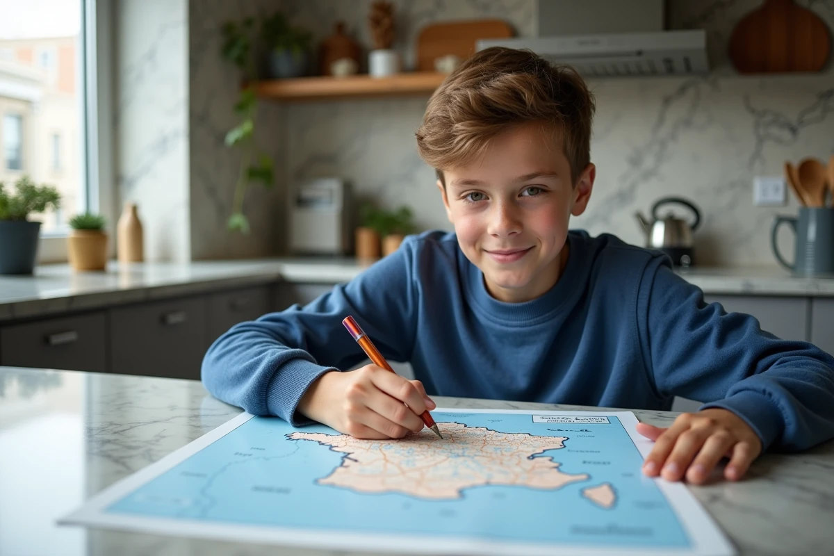 Adolescent étudiant sa carte de France à la maison