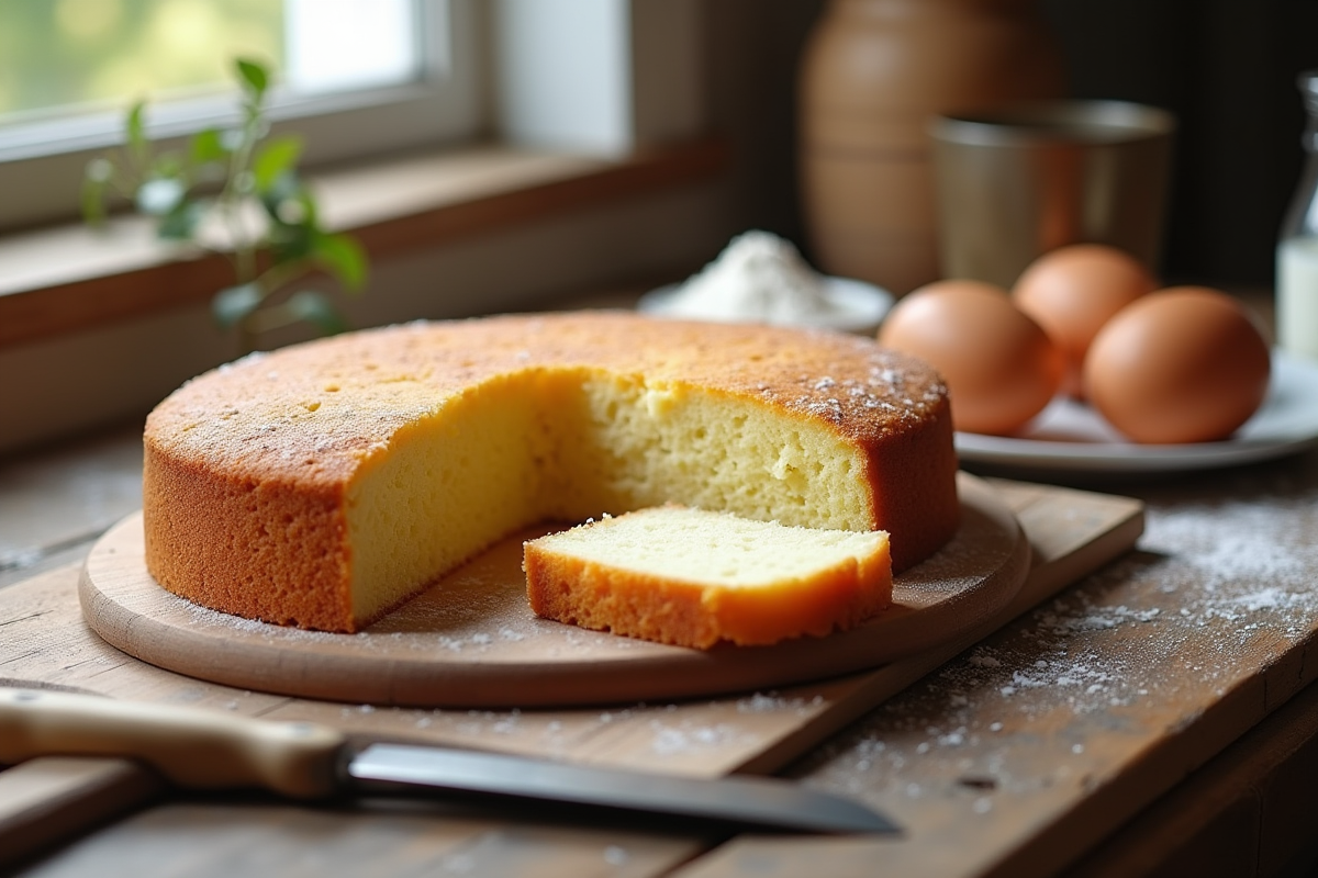 Gâteau sponge traditionnel coupé avec ingrédients autour