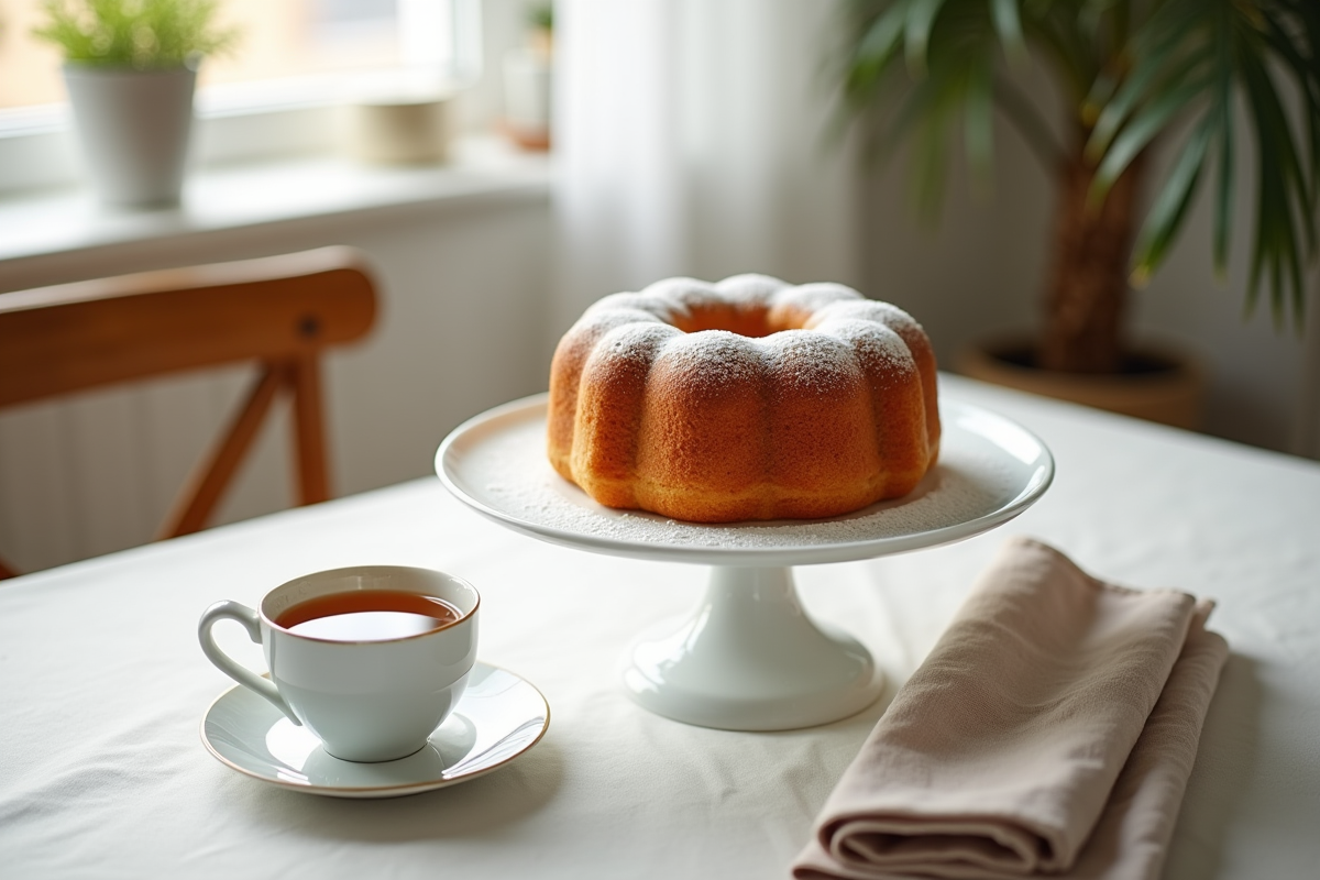 Gâteau pound présenté sur un support en porcelaine avec thé