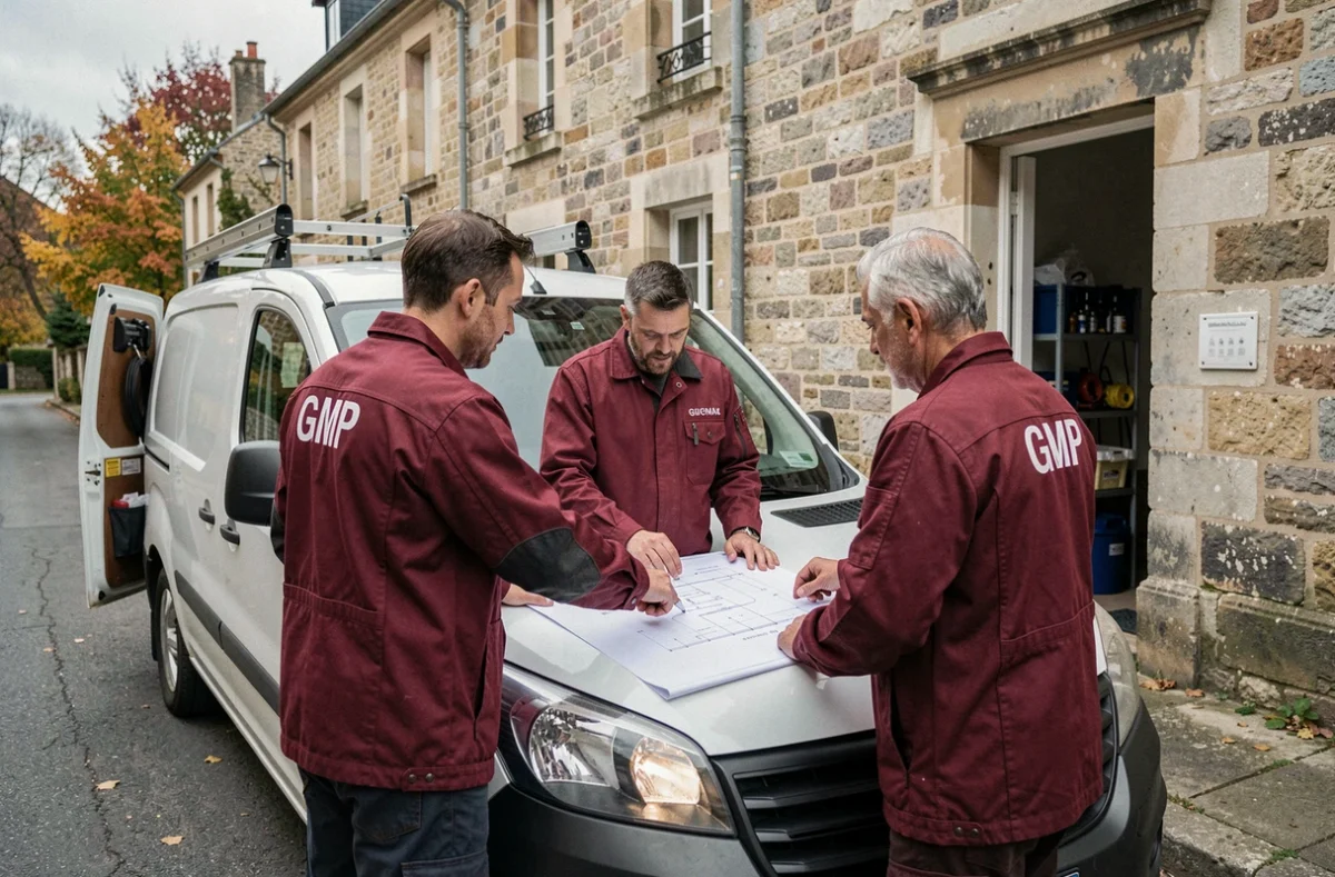 Équipe GMP plomberie consultant des plans devant leur véhicule d'intervention dans la Marne