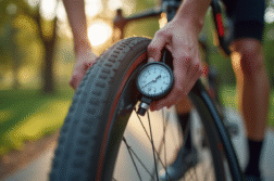 Gros plan sur un cycliste gonflant un pneu de vélo de route avec manomètre