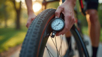 Gros plan sur un cycliste gonflant un pneu de vélo de route avec manomètre