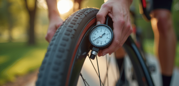 Gros plan sur un cycliste gonflant un pneu de vélo de route avec manomètre