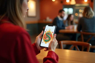 Femme tenant un smartphone affichant le Google Doodle du Nouvel An chinois Année du Serpent dans un café moderne