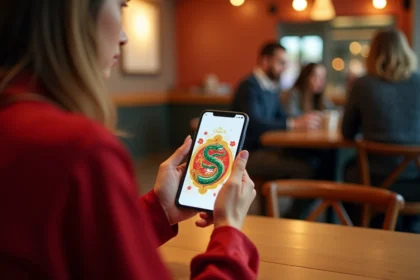 Femme tenant un smartphone affichant le Google Doodle du Nouvel An chinois Année du Serpent dans un café moderne