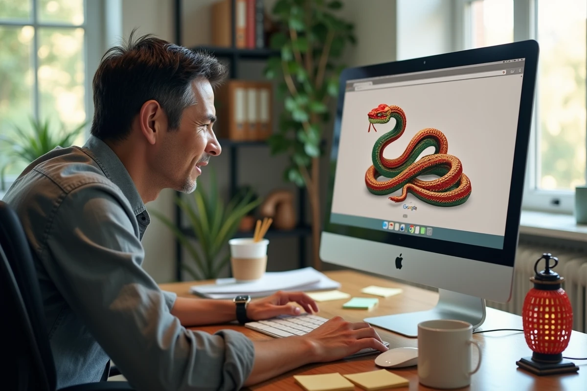 Homme souriant devant un ordinateur affichant le Google Doodle du Serpent pour le Nouvel An chinois dans un bureau à domicile