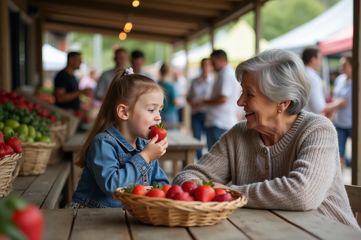 Grand-mère et petite fille dégustant des fraises au marché