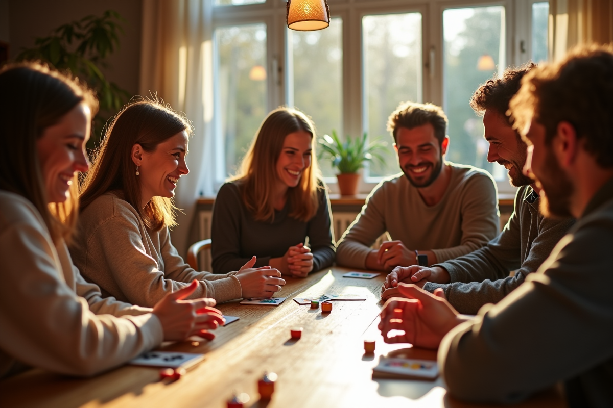 Groupe d'amis jouant à Mille Bornes autour d'une table en bois