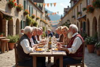 Groupe de personnes âgées en costume traditionnel lors d'une fête villageoise