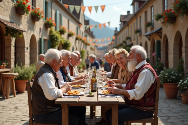 Groupe de personnes âgées en costume traditionnel lors d'une fête villageoise
