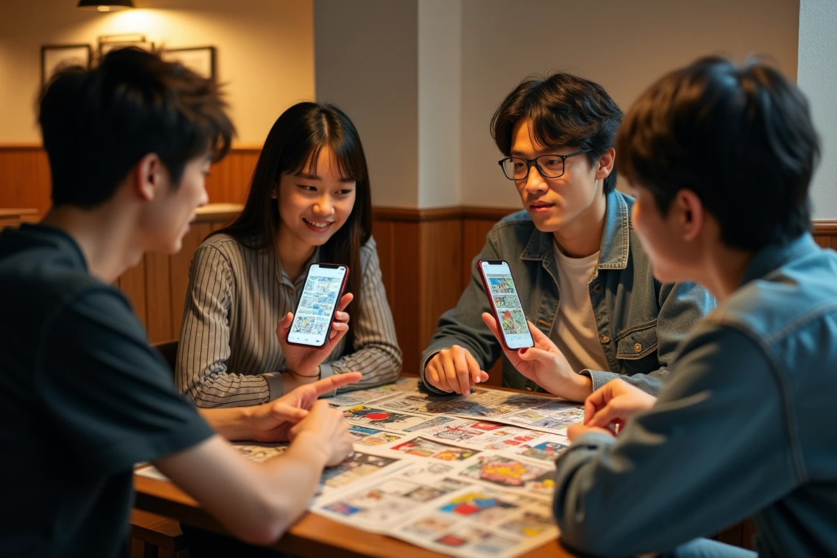 Groupe de fans de manga débattant du chapitre 1141 de One Piece dans un café autour de revues et de smartphones