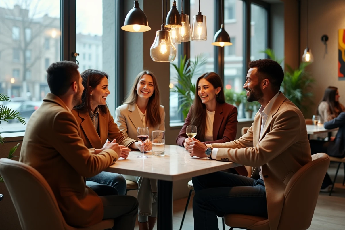 Groupe d influenceurs mode discutant dans un café moderne