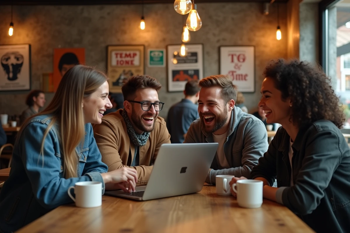 Groupe de jeunes adultes riant devant un site web politique satirique sur un ordinateur portable dans un café, illustrant la viralité des détournements de domaine politiques sur les réseaux