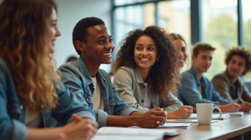 Groupe de jeunes adultes en discussion dans une salle de classe lumineuse