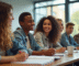 Groupe de jeunes adultes en discussion dans une salle de classe lumineuse