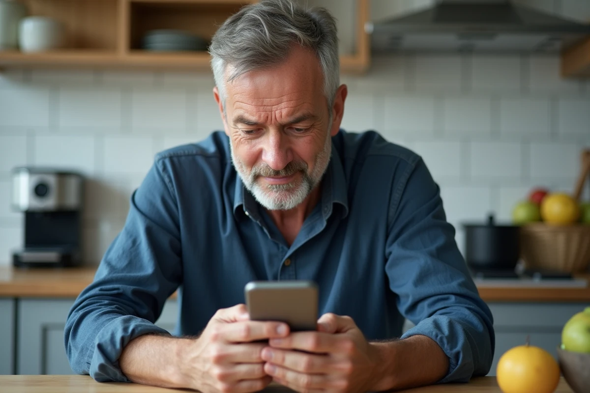 Homme adulte jouant à Sutom sur smartphone dans une cuisine moderne, concentré sur la grille de lettres