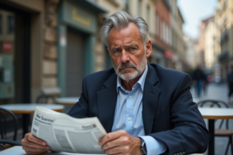 Homme d'affaires pensif assis en terrasse de café en ville